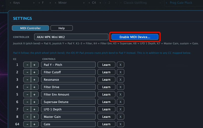 MIDI ControllerタブのEnable MIDI Deviceボタン