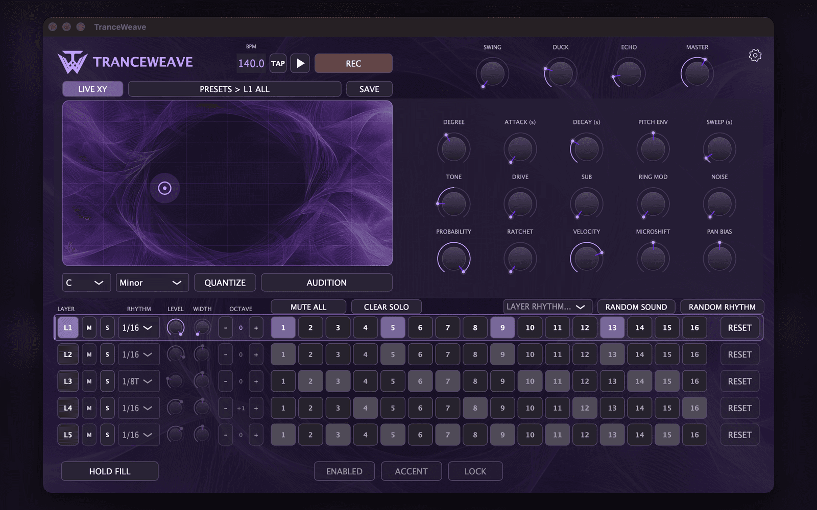 The sequencer: five layers, sixteen steps, and the XY pad
