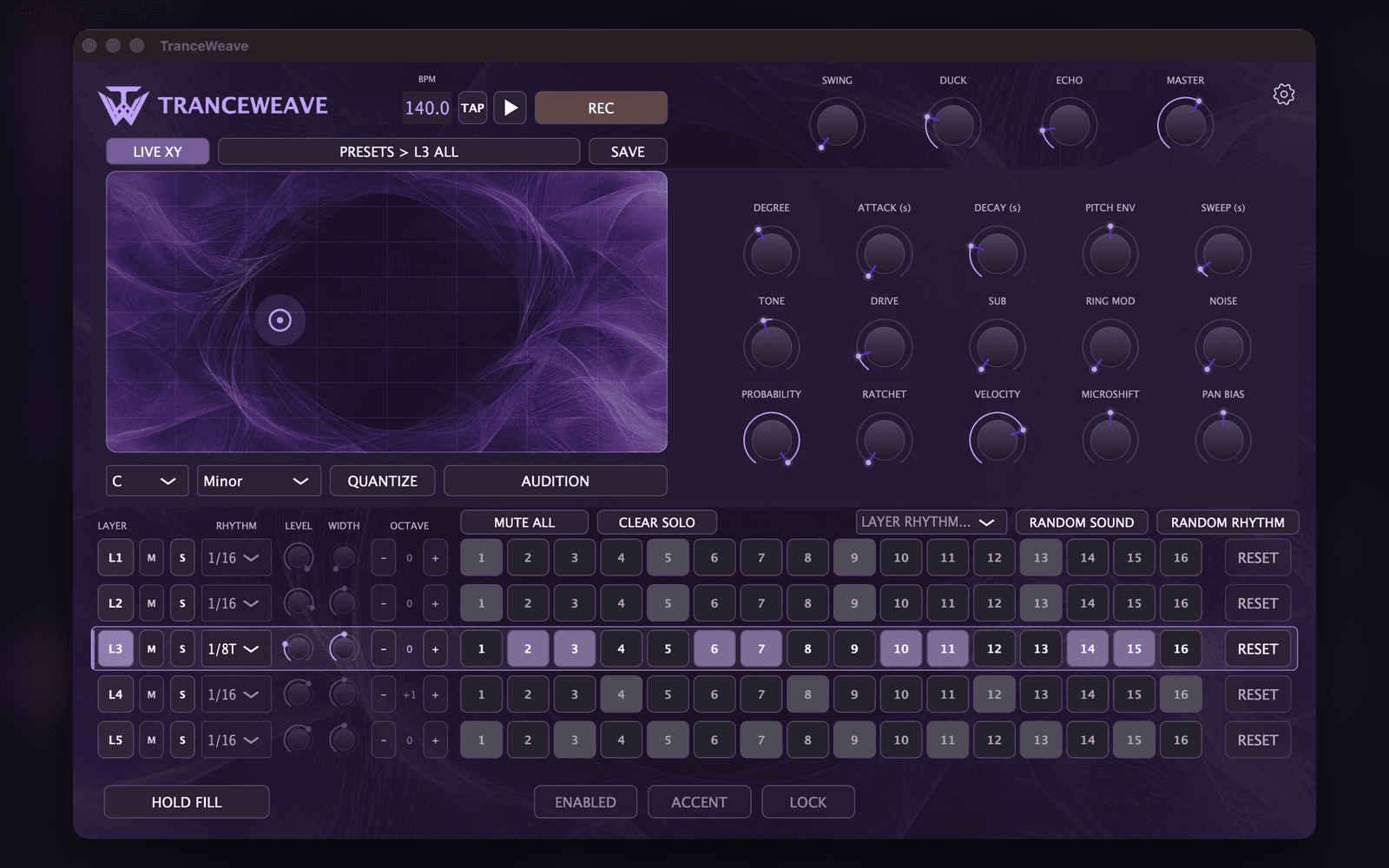 Layer 3 selected — its own rhythm at 1/8T