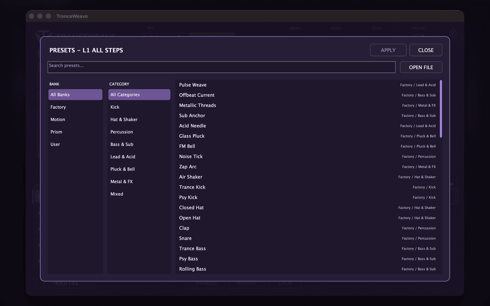 Preset browser: banks and categories