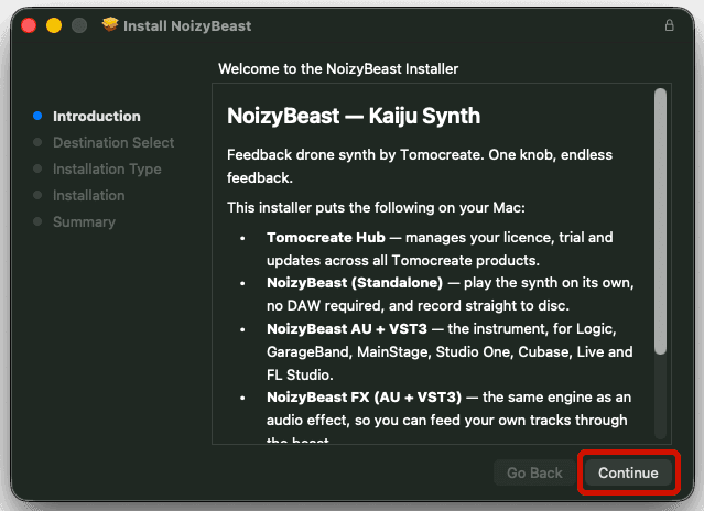 NoizyBeastインストーラーのContinueボタン