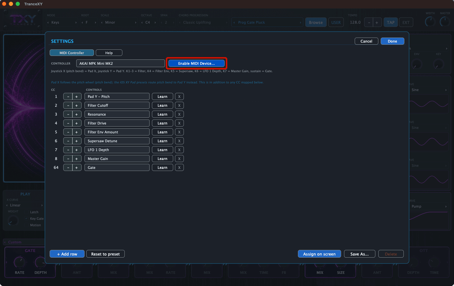 Enable MIDI Device button in the MIDI Controller tab