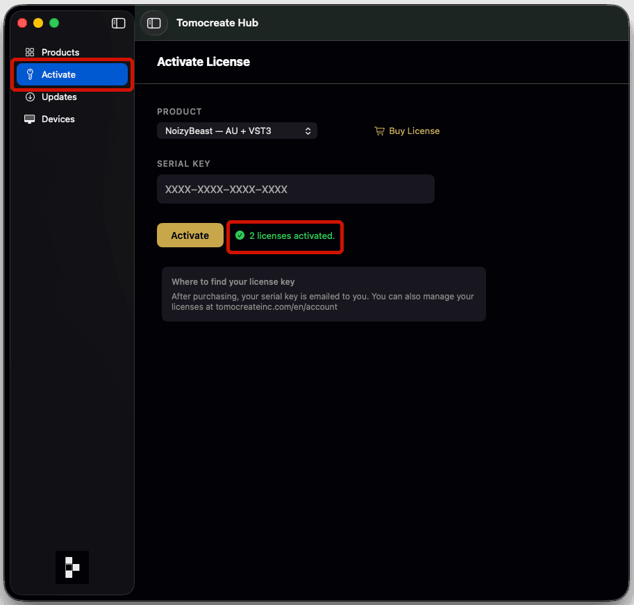 ライセンス認証完了を表示するTomocreate Hub