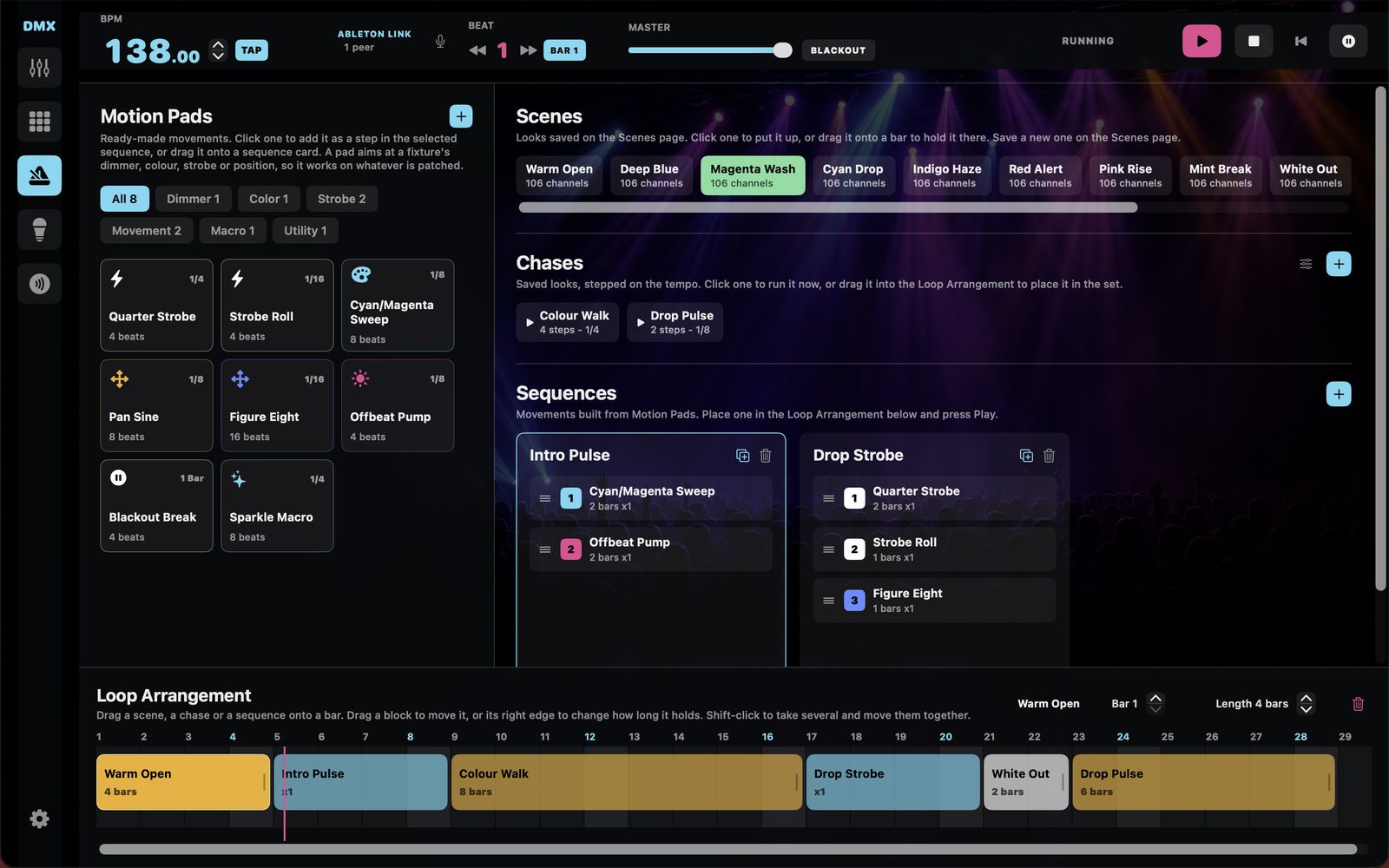 Loop Arrangement with Motion Pads, chases and sequences