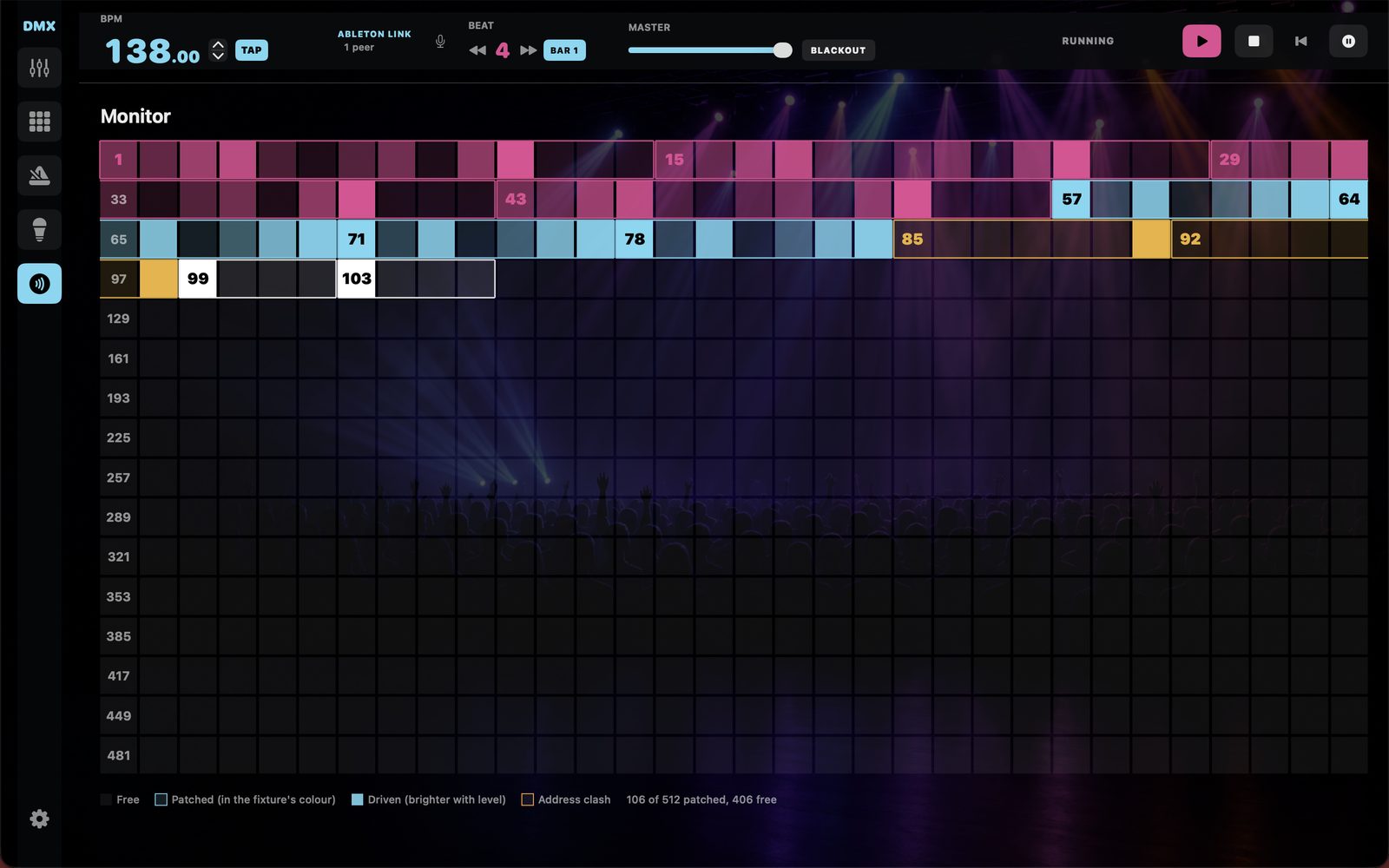 Monitor: every DMX channel going out, live